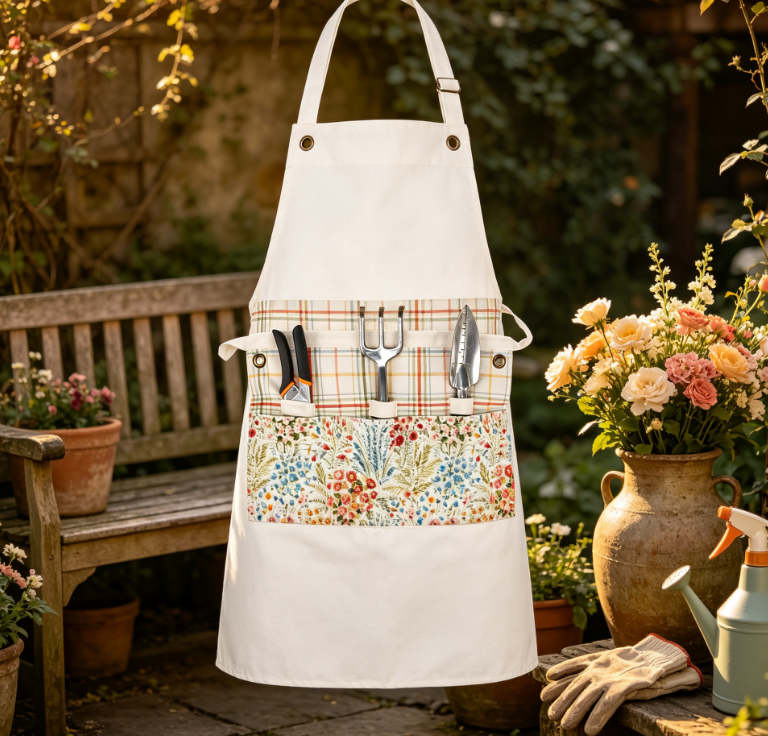 Floral Print Half Apron with Multiple Pockets, Practical Gardening Apron for Home, Crafts and Garden Activities