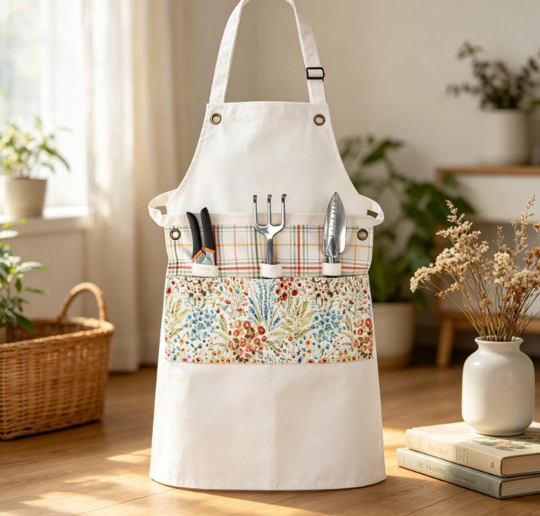 Floral Print Half Apron with Multiple Pockets, Practical Gardening Apron for Home, Crafts and Garden Activities