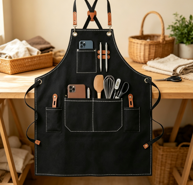 Thick Canvas Cross Back Apron with Multi-Function Pockets, Work Apron for Kitchen, BBQ, Gardening and Woodworking