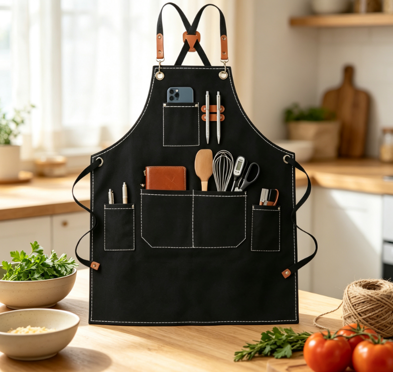 Thick Canvas Cross Back Apron with Multi-Function Pockets, Work Apron for Kitchen, BBQ, Gardening and Woodworking