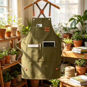 Heavy Duty Cotton Canvas Gardening Apron with Large Storage Pockets, Cross Back Waterproof Work Apron for Men and Women