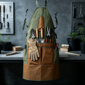 Waterproof Garden Work Apron with Thick Canvas Material and Multi-Purpose Tool Pockets for Lawn Care and Planting