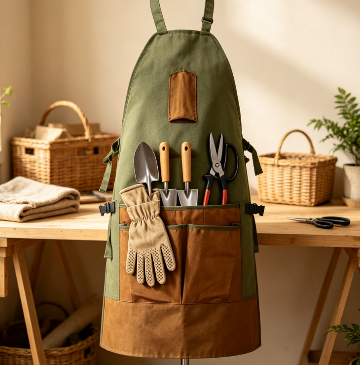 Waterproof Garden Work Apron with Thick Canvas Material and Multi-Purpose Tool Pockets for Lawn Care and Planting