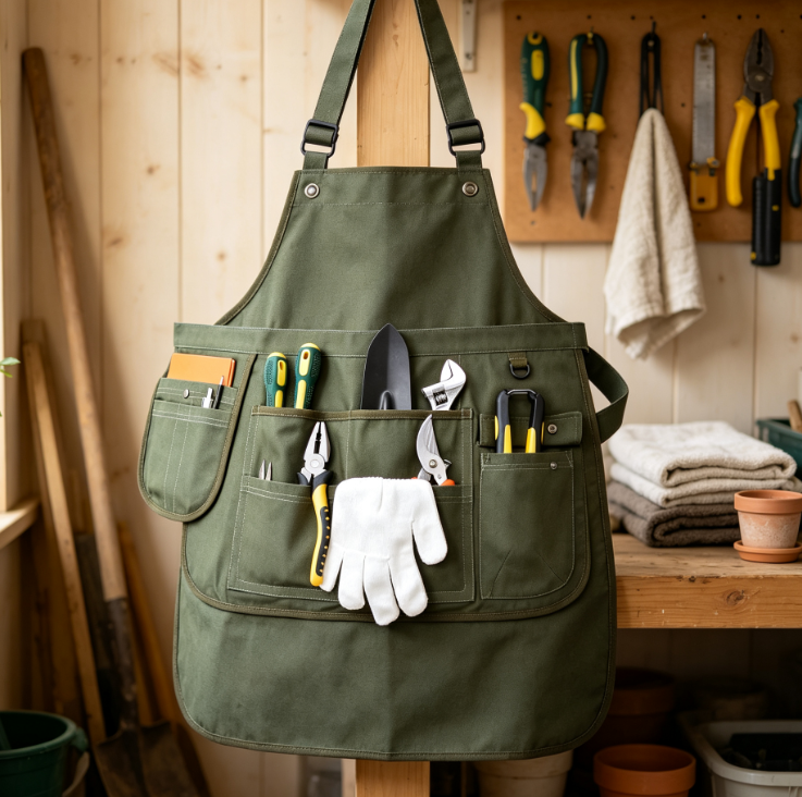 Half Canvas Tool Apron with Multi Pockets, Storage Work Apron for Home Gardening, Painting, Woodworking and Handcrafts