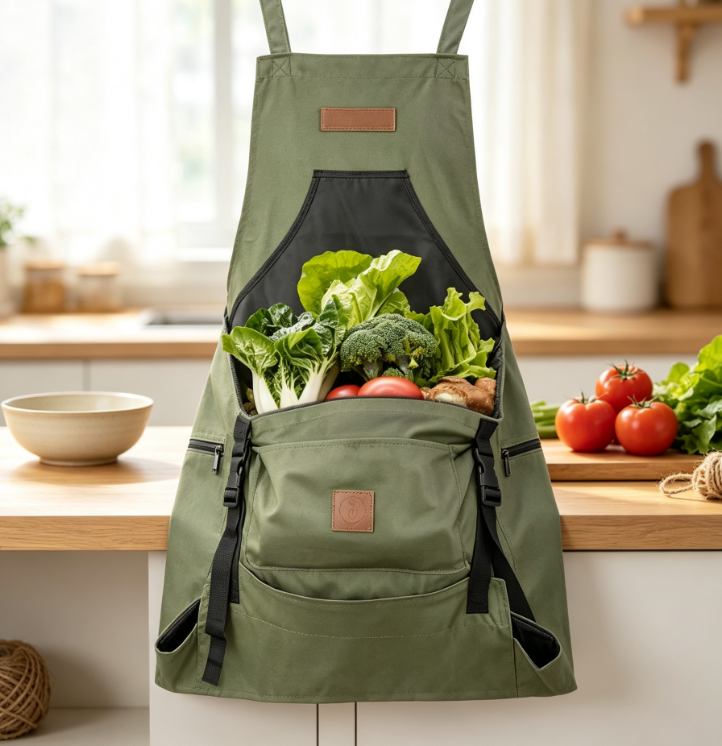 Thick Canvas Harvest Apron with Storage Pouch, Waterproof Gardening Apron for Planting and Garden Harvesting