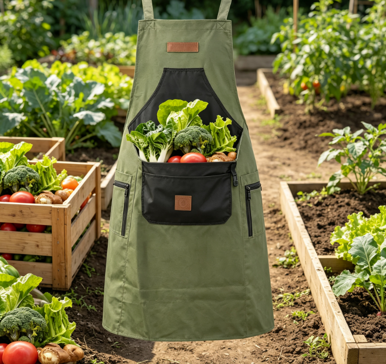 Thick Canvas Harvest Apron with Storage Pouch, Waterproof Gardening Apron for Planting and Garden Harvesting