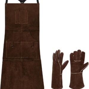 Heavy Duty Leather Welding Apron with Tool Pockets, Heat Resistant Protective Work Apron for BBQ, Woodworking and Outdoor Jobs
