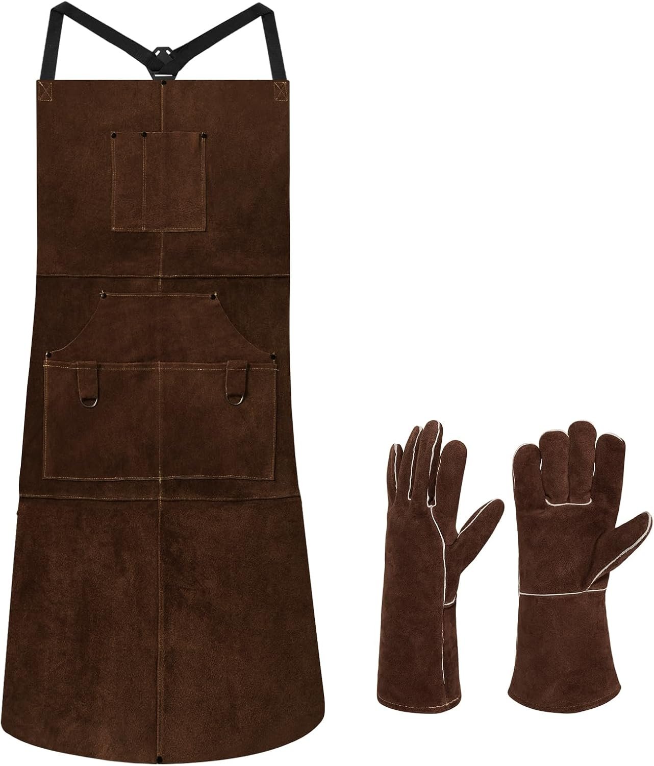 Heavy Duty Leather Welding Apron with Tool Pockets, Heat Resistant Protective Work Apron for BBQ, Woodworking and Outdoor Jobs