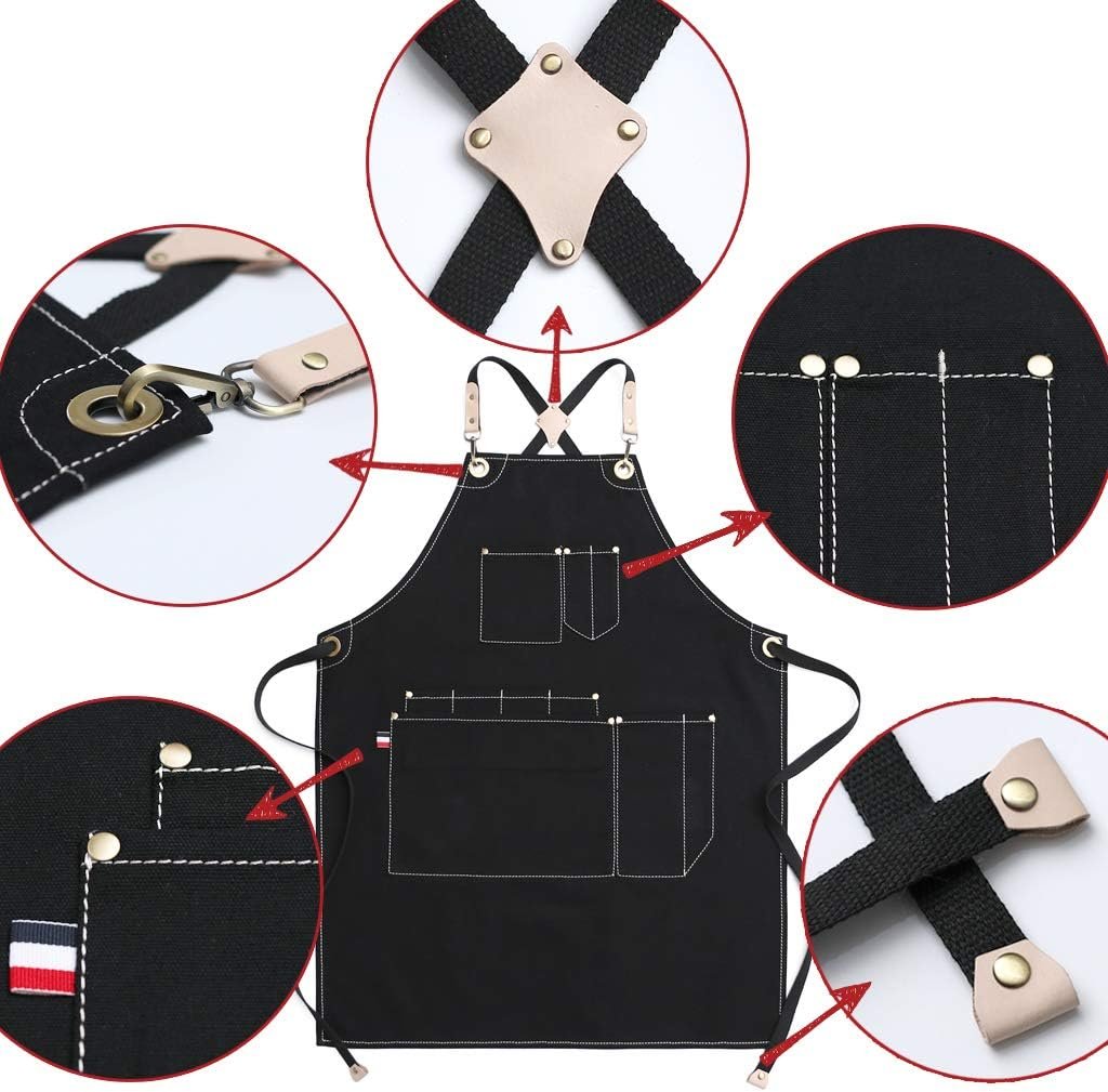 Durable Canvas Work Apron with Cross Back Straps, Multi Purpose Tool Apron for Men and Women