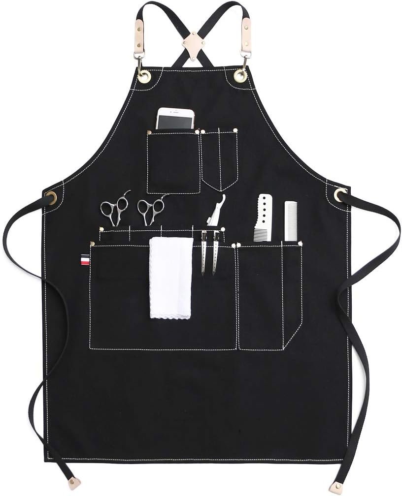 Durable Canvas Work Apron with Cross Back Straps, Multi Purpose Tool Apron for Men and Women