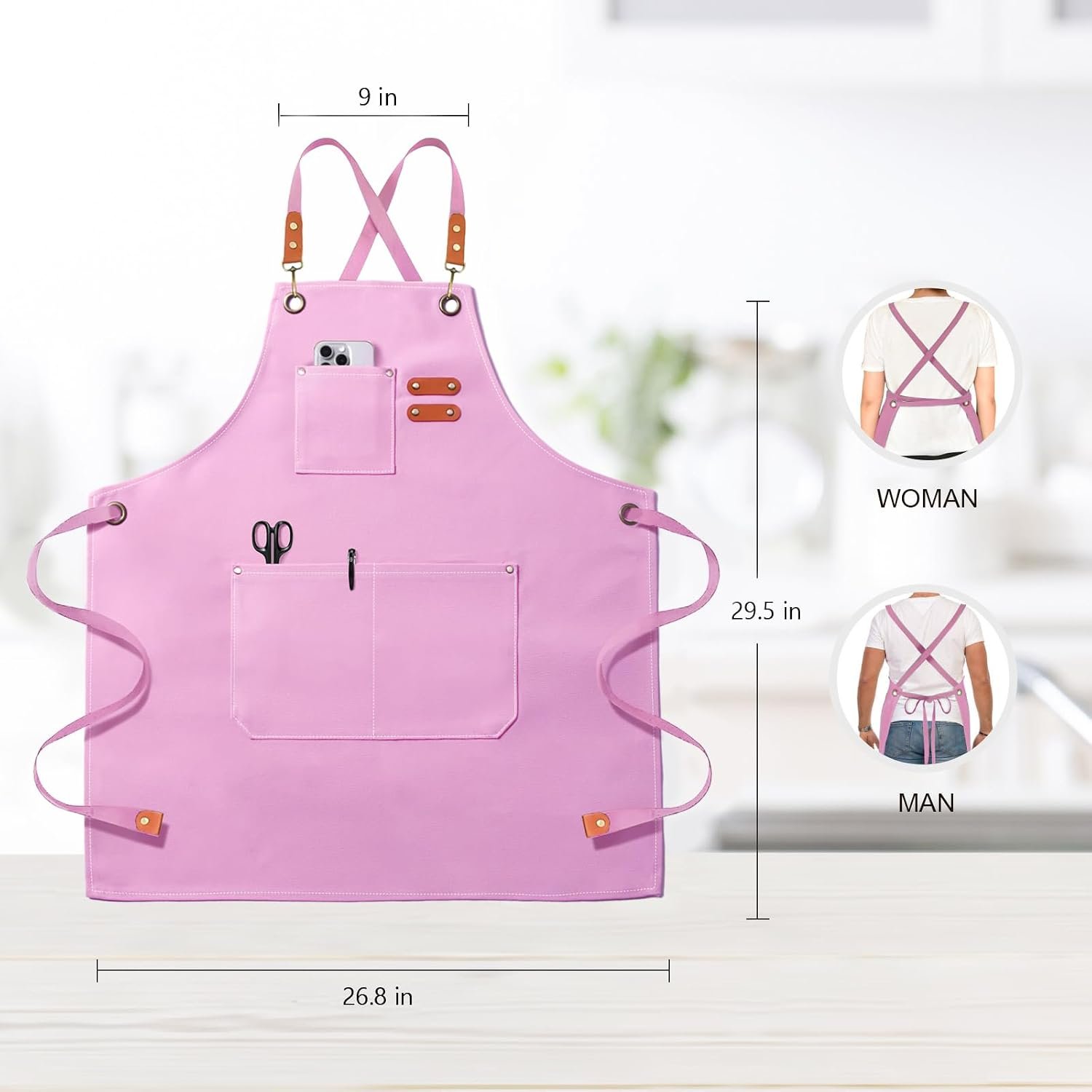 Canvas Cross Back Work Apron with Pockets, Durable Apron for Cooking, Gardening and Handmade Crafts