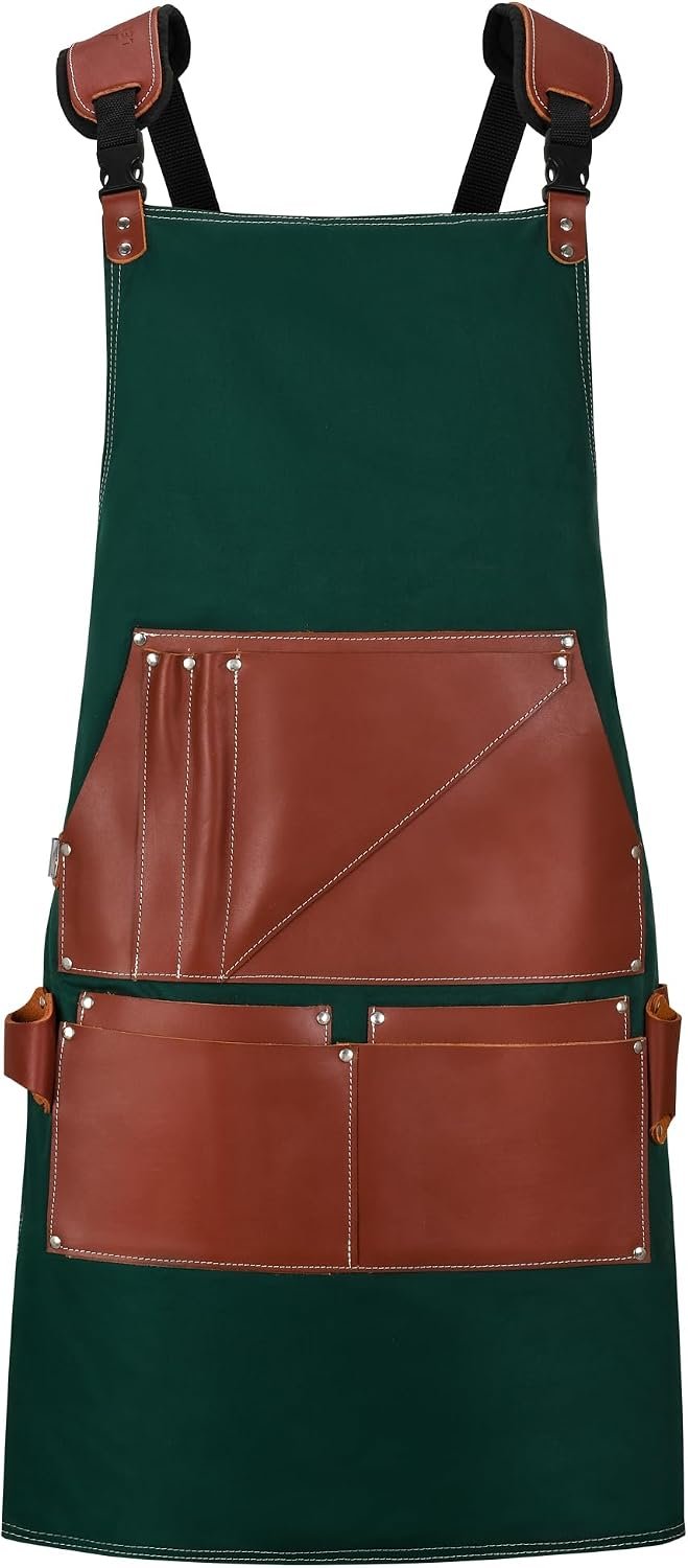 Heavy Duty Leather Tool Apron with Multiple Pockets, Adjustable Work Apron for Carpenter, Woodworker and Workshop Tasks