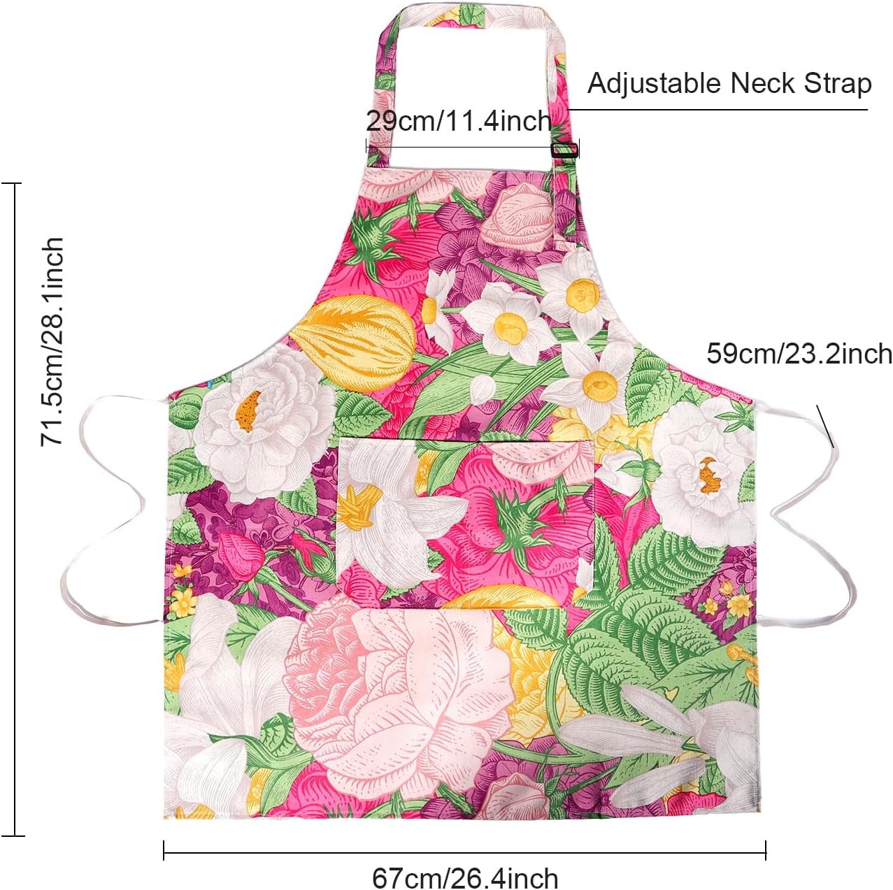 Floral Canvas Apron with Pockets, Adjustable Work Apron for Cooking, Baking, Gardening and Craft Activities