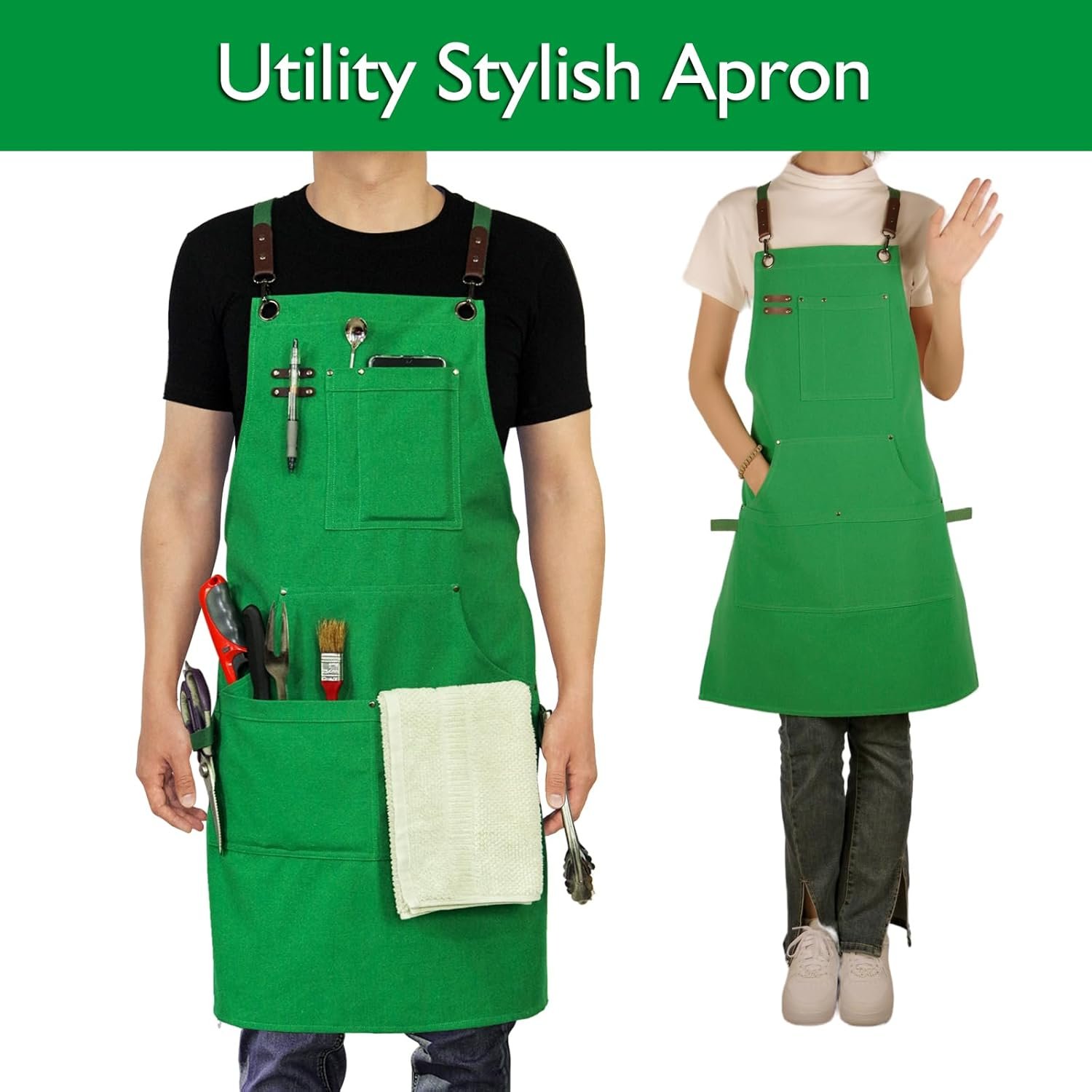 Canvas Utility Work Apron with Multiple Pockets, Multi Function Apron for Gardening, Painting, BBQ, Art and Workshop Use