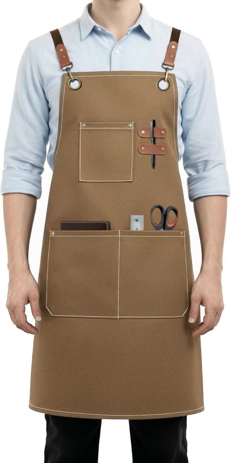 Canvas Work Apron for Men and Women with Multiple Pockets, Heavy Duty Cross Back Kitchen Chef Apron for Cooking, Grilling and Barista Use