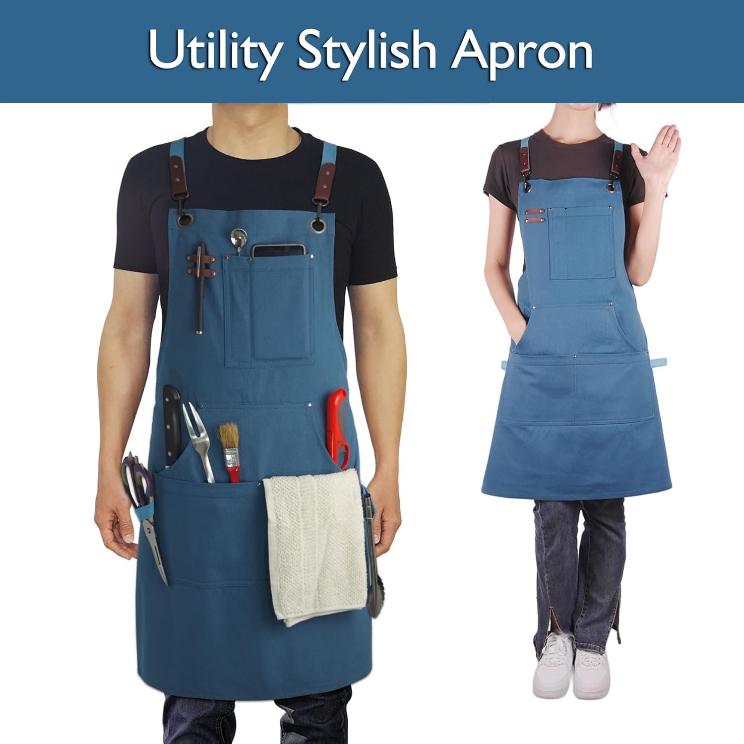 Canvas Work Apron with Multiple Pockets, Multi Purpose Utility Apron for Gardening, Painting, BBQ, Art and Carpentry