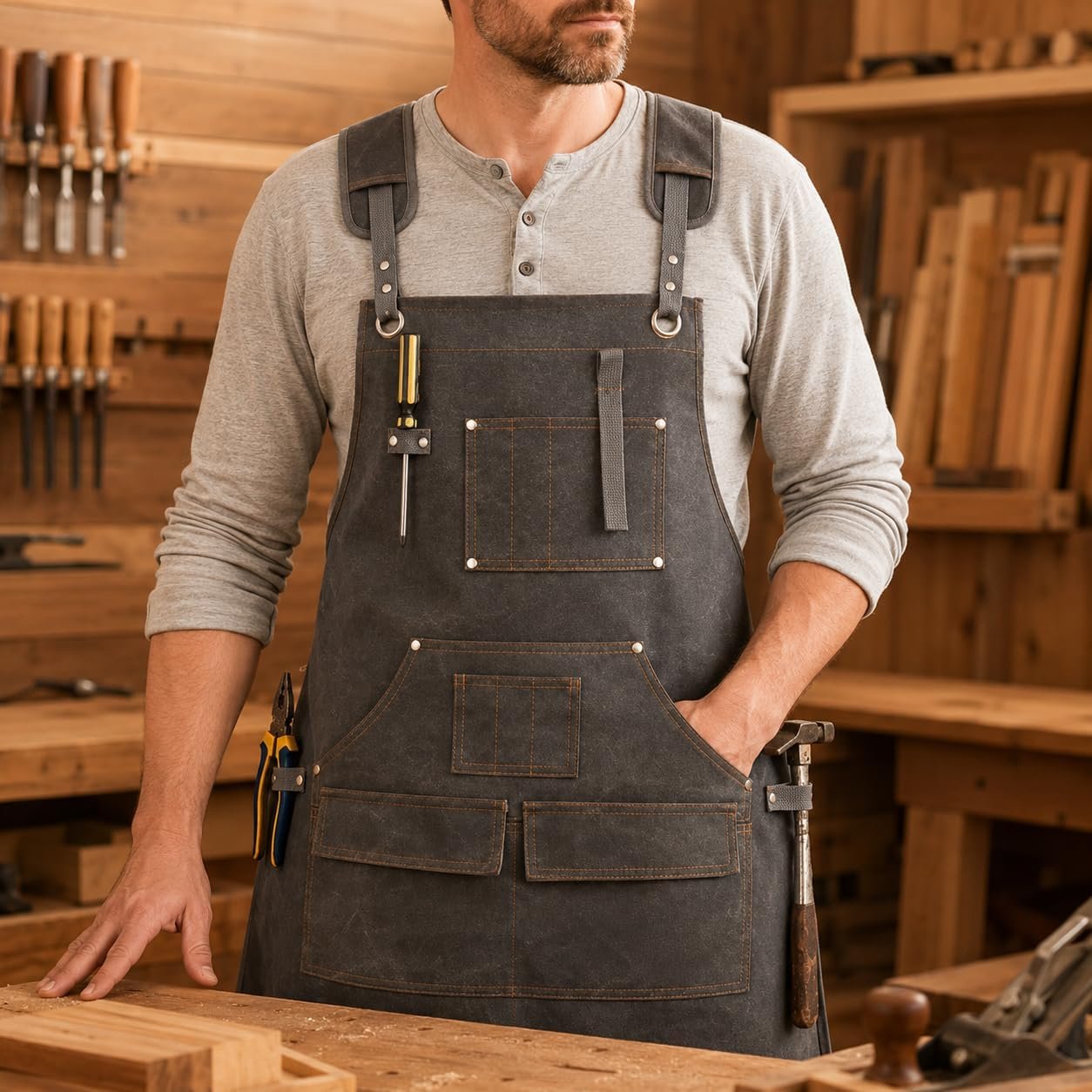 Heavy Duty Canvas Tool Apron with Pockets, Adjustable Cross Back Work Apron for Woodworking, Gardening and DIY Crafts