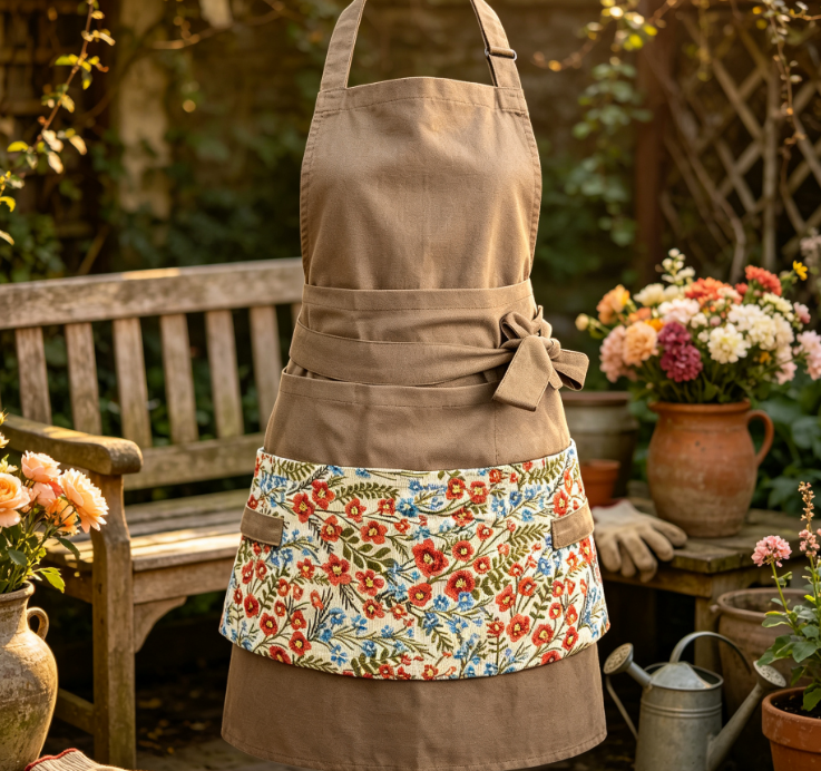 Floral Half Apron with Multiple Pockets, Cute Practical Gardening Work Apron for Home, Gardening and Handmade Crafts