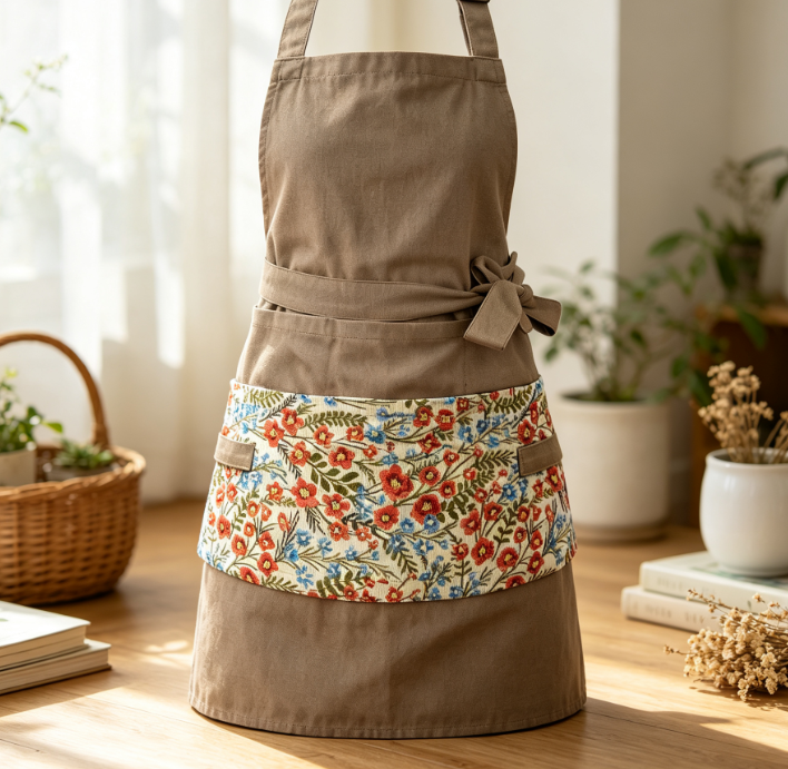 Floral Half Apron with Multiple Pockets, Cute Practical Gardening Work Apron for Home, Gardening and Handmade Crafts