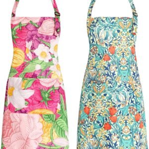Floral Canvas Apron with Pockets, Adjustable Work Apron for Cooking, Baking, Gardening and Craft Activities