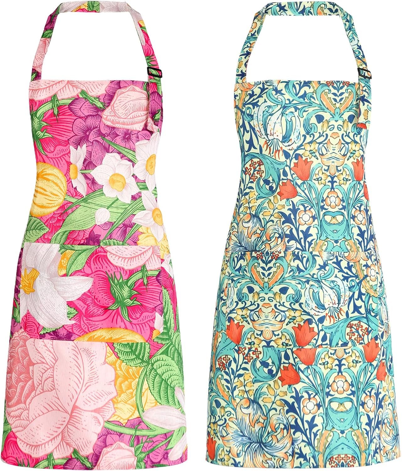 Floral Canvas Apron with Pockets, Adjustable Work Apron for Cooking, Baking, Gardening and Craft Activities