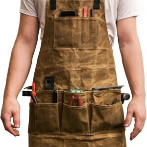 Heavy Duty Waxed Canvas Tool Apron with Multi Pockets, Durable Workshop Apron for Woodworking, Carpentry and Job Site Tasks