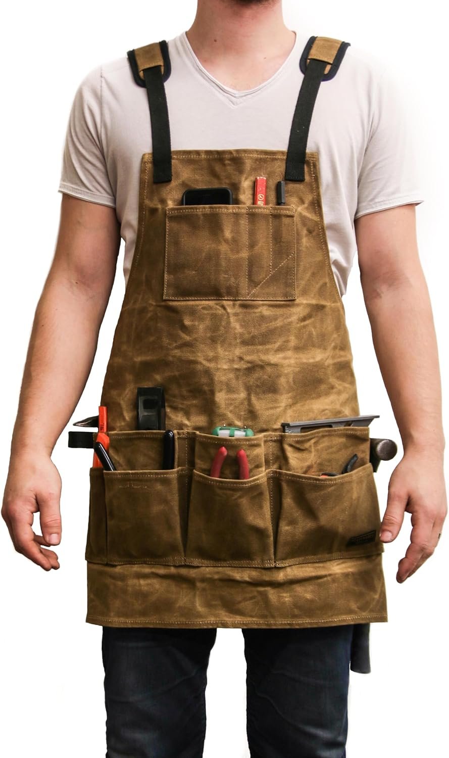 Heavy Duty Waxed Canvas Tool Apron with Multi Pockets, Durable Workshop Apron for Woodworking, Carpentry and Job Site Tasks