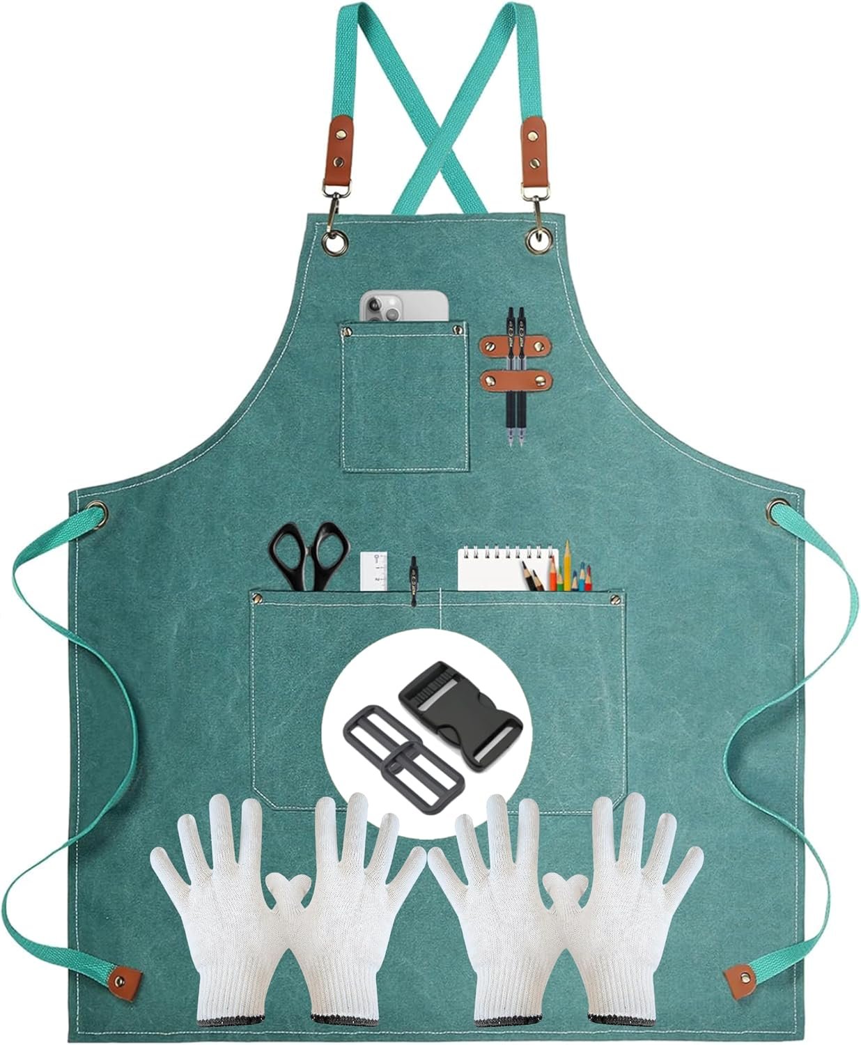 Heavy Duty Canvas Tool Apron with Adjustable Cross Back Straps and Pockets for Woodworking, Gardening and Crafts
